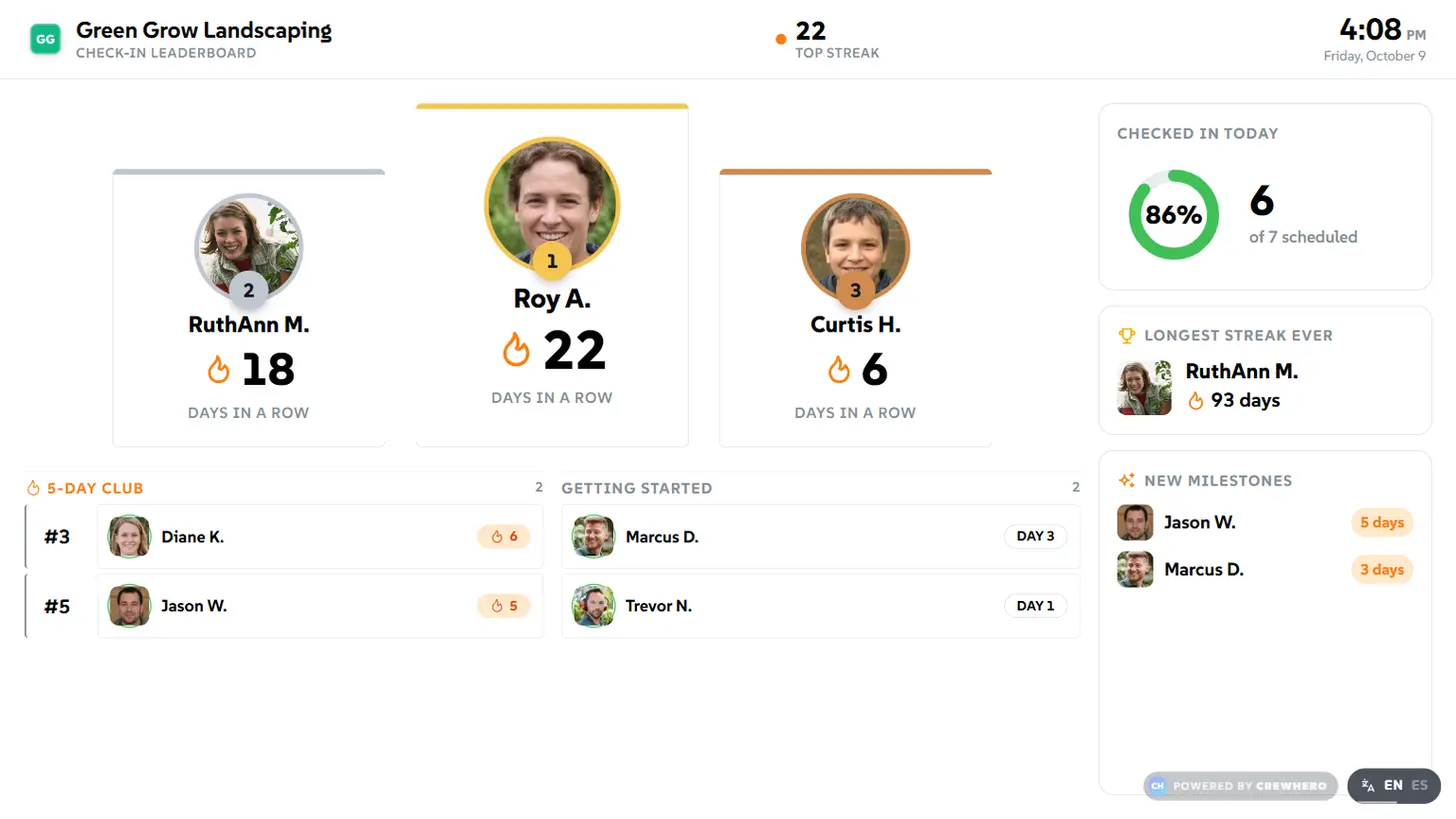 TV display showing the check-in streak leaderboard